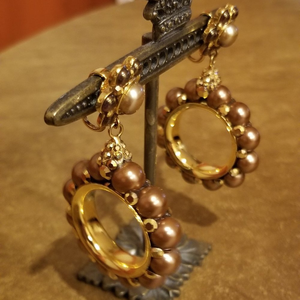 VINTAGE STATEMENT JOSE & MARIA BARRERA PEARL CRYSTAL DROP CHANDELIER EARRINGS